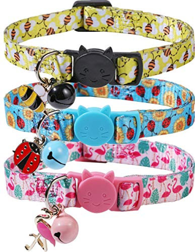 BoomBone Katzenhalsband-Set mit Glöckchen und niedlichen Tier-Anhängern, 3 Stück in Rosa, Gelb und Blau, für Katzen und extra kleine Hunde, verstellbar von 19,8 cm bis 30 cm mit 1 cm Breite