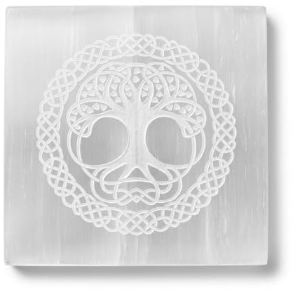 crystalmiracle Sélénite 3 arbre de vie gravé carré gravé charge Reiki plaque cristal guérison pierre précieuse énergie positive méditation bien-être fabriqué à la main