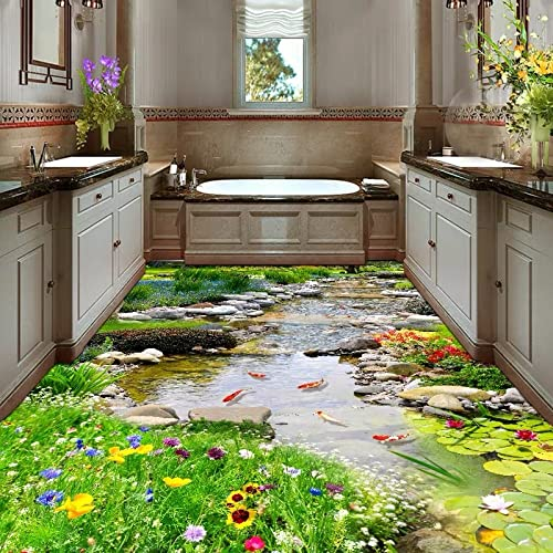 LEGVSHSR Große benutzerdefinierte PVC Selbstklebende Fototapete Fluss Blume Fisch 3D Boden Wandbild Aufkleber für Toilette Waschraum im Freien-140x100cm