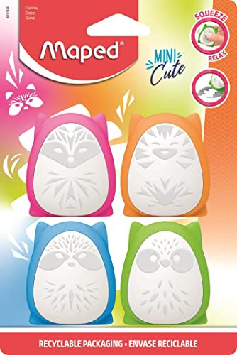 Maped - Set mit 4 Radiergummis Squeeze Mini Cute – starke Radiergummi – Squeeze zum Drücken – entspannender Effekt und Phthalat – weißer und farbiger Radiergummi – Rosa + Blau + Grün + Orange