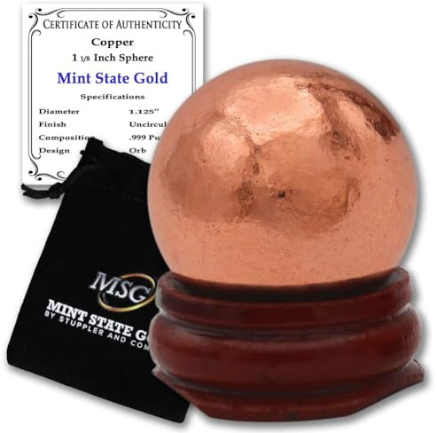 Kupferkugel-Briefbeschwerer mit Holzsockel, 25,5 mm - 0,1 kg, 99,9 % reine solide Kugel mit Echtheitszertifikat