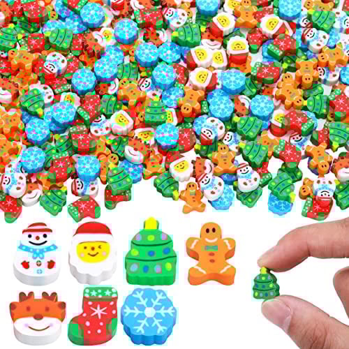 500 Stück Weihnachts-Mini-Radiergummis für Kinder, Sortiment, Weihnachtsbaum, Weihnachtsmann, Schneemann, Schneeflocke, Lebkuchenmann, Strümpfe, Radiergummis für Schule, Geschenk, Partygeschenke