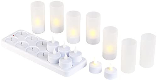 Lunartec LED Teelicht aufladbar: 12er-Set Akku-LED-Teelichter mit Kunststoff-Dekogläsern & Ladestation (Accu, wiederaufladbar, Stimmungslicht)