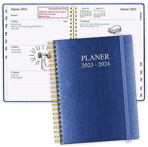 2023-2024 Planer, Juli 2023 - Juni 2024 Wochenplaner mit Monatsregistern, Gesäßtasche, elastischer Verschluss, Doppeldrahtbindung, einfache Organisation des täglichen Lebens, 15,7×21cm, Blue
