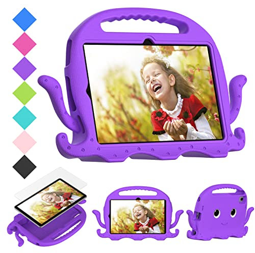 Tablet Case + Screen Protector For Samsung Galaxy Tab S6 Lite 10.4 2020/2022 P610/615/613/P619, Kids Friendly Case with Octopus Stand Handle, Foam Lightweight Shockproof, + Shoulder Strap Purple