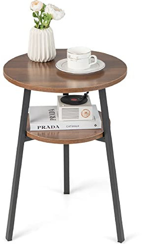 COSTWAY Round Side Table, 2-Tier Industrial Sofa End Table Small Nightstand with Storage Shelf, Metal Frame Wooden Coffee Snack Tea Tables for Living Room, Bedroom and Office (1, Walnut)