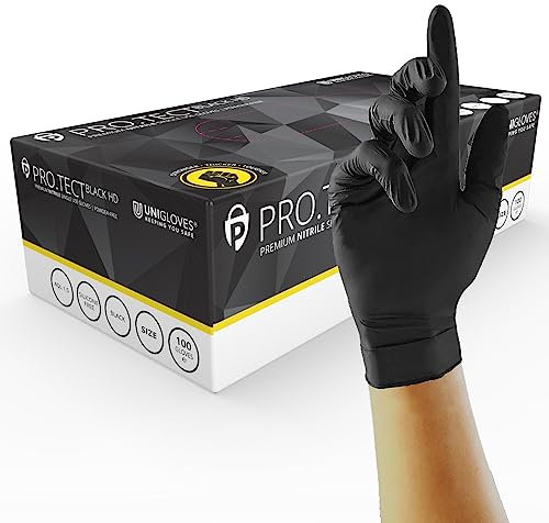 UNIGLOVES PROTECT BLACK HD Nitril-Einweghandschuhe - extrem strapazierfähig, Einmalgebrauch, vielseitig einsetzbar, puderfrei, Box mit 100 Handschuhen, Klein (GA0062)