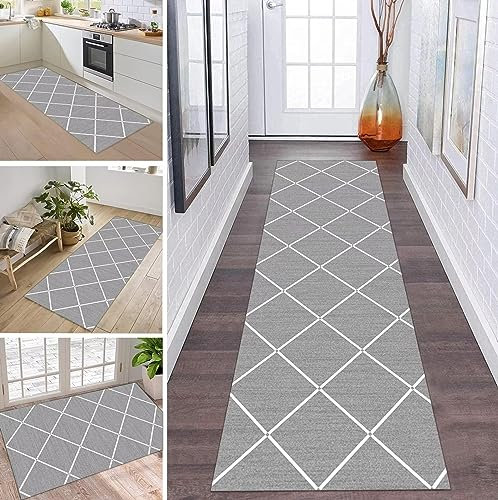 Läufer Teppich Lang Flur rutschfest Waschbar 60X400CM Küche Korridor TeppichLäufer für Flur Hellgrau Weiß Schlafzimmer Wohnzimmer Polyester Teppichmatte Dauerhaft, Anpassbar Küchenteppich Meterware