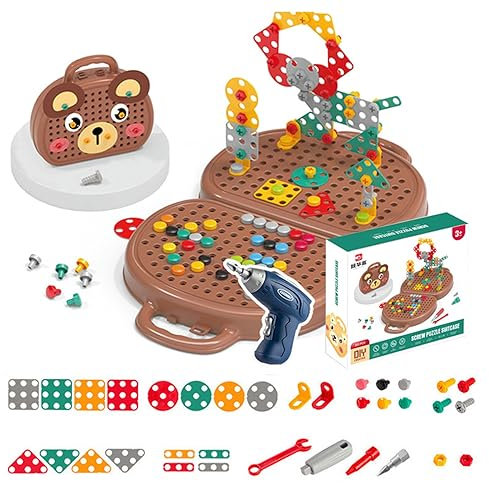 Balakaka Mosaique Enfant Puzzle 3D 205 PCS, Jeux de Construction avec Perceuse Visseuse Jouets éducatifs Cadeaux, Construction STEM de Jouets en Mosaïque pour 3-8 Enfants (Ours)