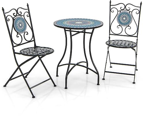 COSTWAY Bistrotisch mit 2 Stühlen, Mosaik Bistroset klappbar, 3-teiliges Balkonset, Sitzgarnitur, Gartengarnitur, Balkonmöbel, Gartenmöbel, Sitzgruppe für Garten, Terrasse, Balkon (Blau)