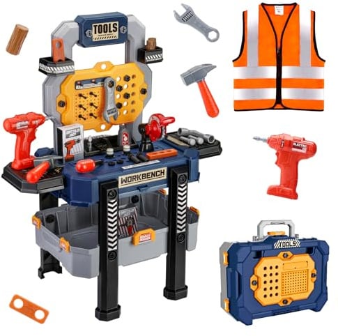 Jovow Werkbank für Kinder, 79-teiliges, Verwandelbare Simulationswerkzeugset mit elektrischer Bohrmaschine und Arbeitskleidung, Kinder Rollenspiel Lernspiel Geschenk für Kinder ab 3 Jahren