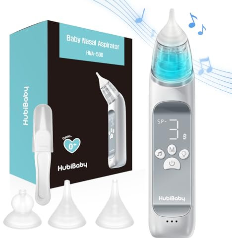 HubiBaby Großer Durchfluss Elektrischer Nasensauger Nasensauger Booger Sucker Nasenreiniger für Säugling bis Kleinkinder mit 3 Silikonspitzen 3 Saugstufen Musik