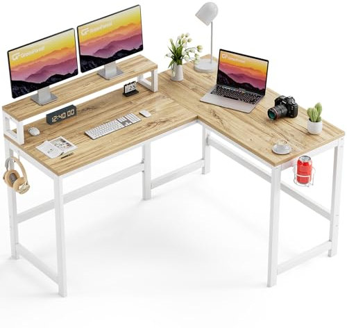 GreenForest L Shaped Desk with Cup Holder and Headphone Hook,128cm Reversible Computer Office Desk with Monitor Stand Corner Desk for Home Office Small Space,OAK