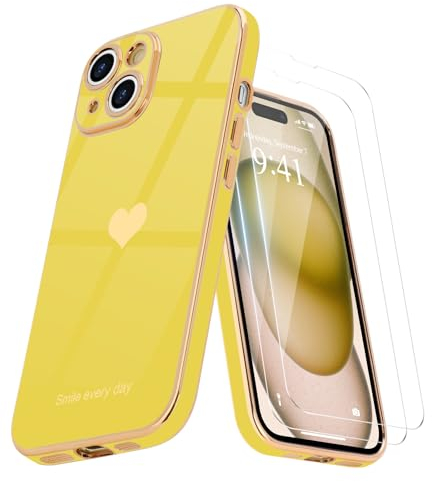 Teageo for iPhone 15 Case with 2 Screen Protector Heart Pattern for Women Girls Luxury Bling Plating Soft TPU Anti-Scratch Shockproof Bumper Phone Case for iPhone 15, Yellow