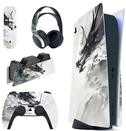 PlayVital Skin für ps5 Konsole Regular Edition,Aufkleber Vinyl-Skin Stickers Schutzfolie Folie für PS5 Konsole,Controller,Ladestation, Headset,Medienfernbedienung-Tintengeistdrache