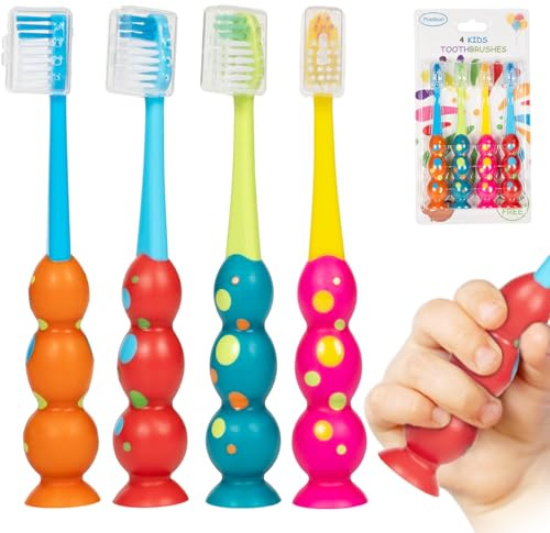 PRASBURR Kinder-Zahnbürste, 4 Stück, weiche Borsten mit Saugnapf für einfache Lagerung, Kleinkind-Zahnbürste in Kindergröße, für Mädchen und Jungen