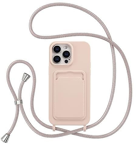 ZTOFERA Crossbody Lanyard Case for iPhone 15 Pro Max (6.7) with Card Holder, Soft Liquid Silicone Phone Case with Strap Adjustable Neck Cord Necklace Shockproof Protective Cover - Pink