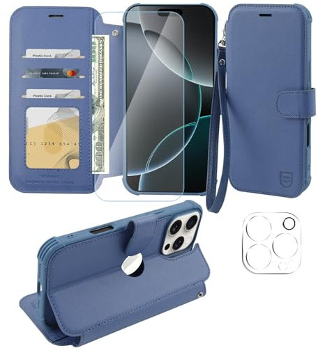 VANAVAGY Compatible for iPhone 16 Pro Max Wallet Case,Rfid Flip Leather Cover with Wrist Supports Wireless Charging with Card Holder,[Glass Screen Protector and Camera Cover],Blue