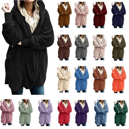 RLEHJN Women's Outdoor Fleece Jackets Limited Time Deals Plain Cozy Fuzzy Sherpa Hoodie Front Open Warm Plush Cardigan Ladies Jumper Solid Color Hooded Overcoat with Pockets Plus Size S-5XL