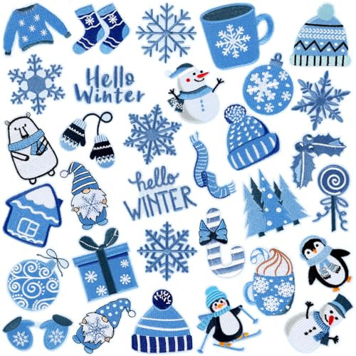 32 Stück Winter Bügelbilder Schneemann Schneeflocken Nähen auf bestickte Applikation Reparatur Patch DIY Handwerk Festliche Geschenke für Kleidung Hut Hemd Tasche Jeans DIY Dekorationen