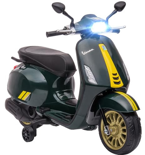 AIYAPLAY Vespa Licensed 12V Kids Electric Motorbike, Kids Ride on Motorcycle with Music, Headlight, MP3, FM Radio, Two Training Wheels, for 3-6 Years - Green