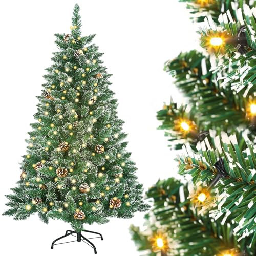Soontrans Pre-lit Weihnachtsbaum mit Beleuchtung Winterzauber Künstlicher Weihnachtsbaum mit Gefrostete Spitzen & 180 Warmweiß LEDs mit 8 Leuchtmodi & 367 PVC-Zweigen & 20 Tannenzapfen (H150 cm