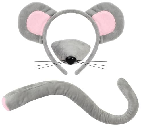 XEPST Animal Mouse Costume Set, Mouse Ears and Tail Set with Rat Ears Headband Nose Rat Tail for Animal Costume Cosplay Birthday Party World Book Day Halloween Fancy Dress Party Supplies, Grey
