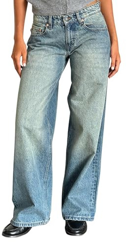 Onsoyours Jean Femme Taille Basse Coupe Droite Straight Jeans Y2K Baggy Jambes Larges Pantalon en Denim Automne Hiver Elastique Jeans B Bleu Clair 01 L