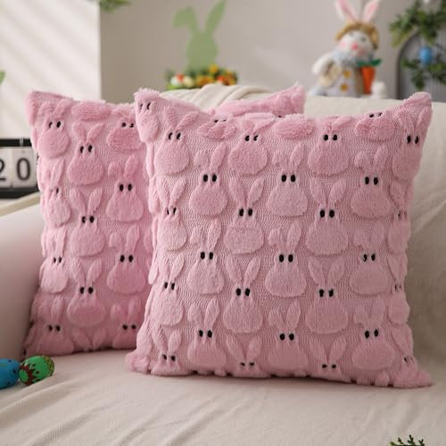 DFXSZ Oster-Kissenbezüge, 50,8 x 50,8 cm, Osterdekoration, rosa Kaninchen, weicher Plüsch-Kunstfell, Jacquard-Überwurfkissen für Schlafzimmer, Sofa, Urlaub, Festivals, Heimdekoration, FHJ-06B20, 2