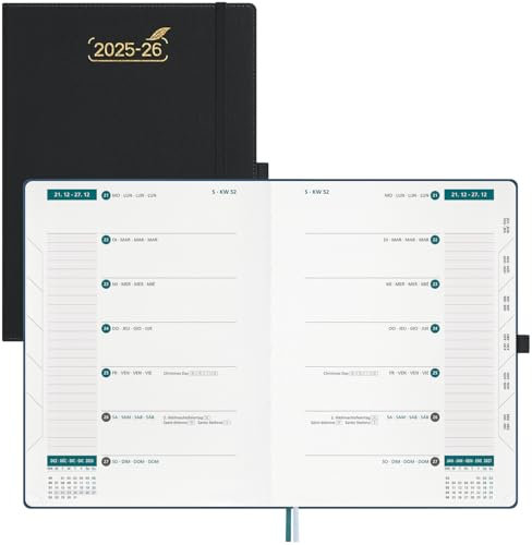 BEZEND 18-Monate Kalender 2025 2026 Terminplaner A4 1 Woche 2 Seiten mit 2 Spalten, Wochenplaner von Juli 2025 bis Dezember 2026, Buchkalender mit Pu-Leder Hardcover, Schwarz