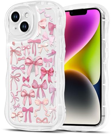 Yirlbey Transparent HandyHülle für iPhone 14 Hülle, Aesthetic Schleifen Muster Design Geschenk Schutzhülle, Niedliche Wellenrahmen Lockige Form Case, Silikon Schlanke Cover für iPhone14 6,1,Rosa