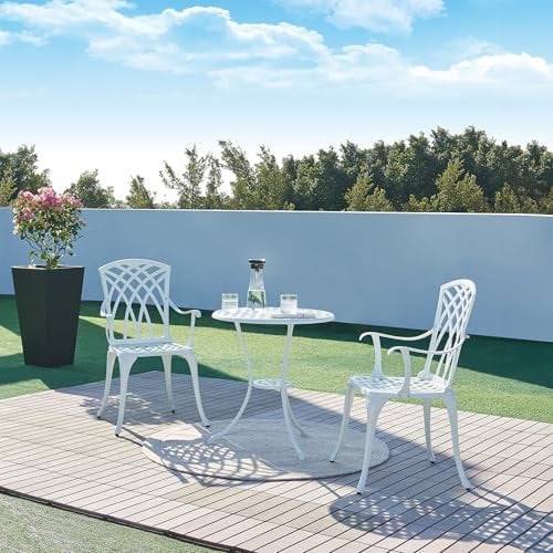 casa.pro Bistro Set Vena Balkonmöbel Set 3-teilig runder Bistrotisch mit 2 Stühlen Outdoor Sitzgruppe aus Aluminiumguss wetterfest Gartenmöbelset Weiß