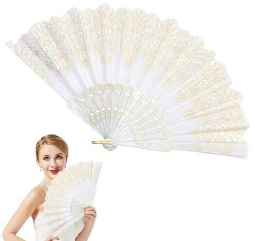 BelleVive Foldable Fan, Chinese Hand Fan, Hand Fan for Women, Foldable, Large, Handmade, Portable for Summer, Dancing, Cosplay, Party, Wedding, Dance (White)