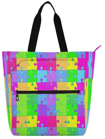 JiangGgen Colorful Jigsaw Puzzle Book Tote Bag for Students,Large Capacity Handbag with Zipper Perfect for School,Travel,Shopping