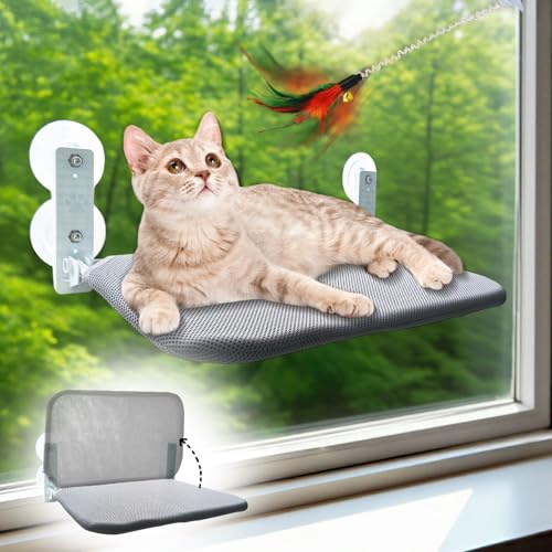 Große Faltbare Katzen Hängematte Fenster 45x30cm Atmungsaktives Katzenbett Fenster Netzstoff Katzen Fensterhängematte mit 4 8.5cm Starken Saugnäpfen Stabil bis 20kg, mit Katzenspielzeug