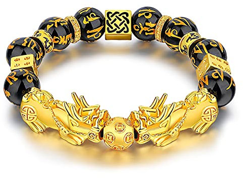 Glücksarmband, Feng Shui-Armband, Feng Shui schwarzes Obsidian-Armband, Pixiu schwarzes Vintage-großes Armband, natürlicher schwarzer Obsidian-Perlenkristall, zur Abwehr böser Geister for Männer