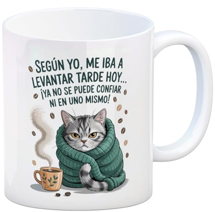 speecheese Según yo, me iba a levantar tarde hoy… Taza gato - diseño humorístico y único, ideal para amantes del café