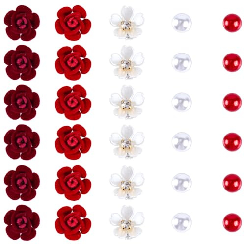 SUNNYCLUE 1 boîte de 40 pinces à Cheveux en Forme de Fleur 5 styles Accessoires pour Cheveux Petites Fleurs Assorties Strass Foncés Rouges et Blancs Fausses Perles Décorations pour Cheveux de Femme Sa
