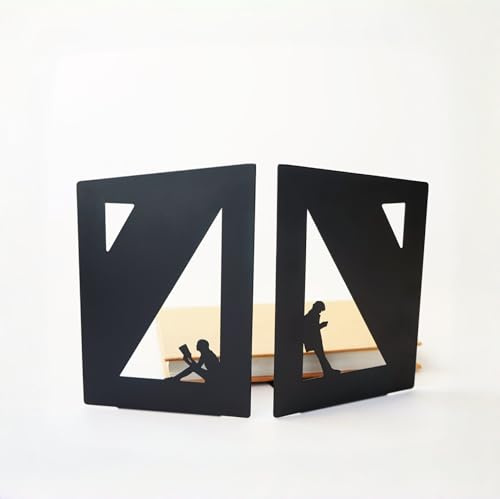 2 Schwarze Buchstützen aus schwerem Metall - Lesepaar-Design - Stabil für Bücher halten - Ideal für Heimdekoration, Bücherregal & Büro - 1 Paar