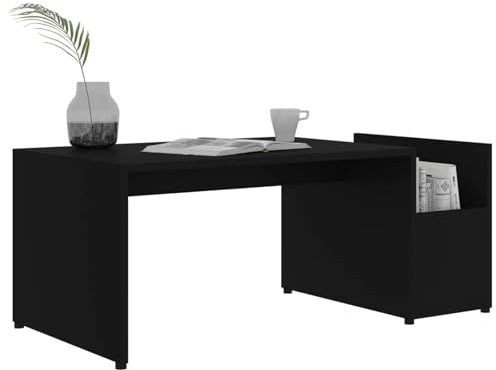 HOMELEN Modern Geometric Coffee Table with Side Storage Black Chipboard 35.4x17.7x13.8 Easy Assembly for Living Room, Office, or Lounge Area