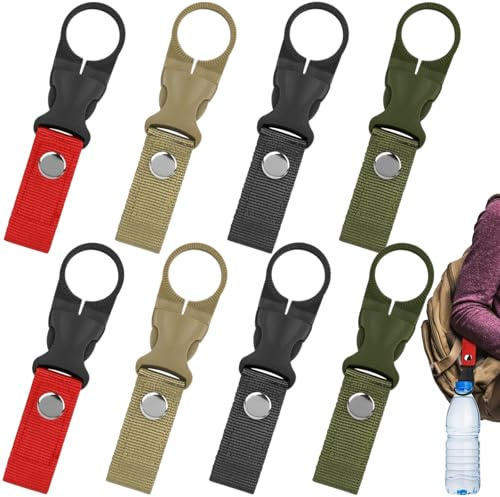 8 PCS of Nylon Water Bottle Holder Clip, Hanging Water Bottle Clip for Backpack, Outdoor Portable Holder Clips, Multicolor Nylon Webbing Buckle Straps,Used for Hiking, Camping, Outdoor Travel