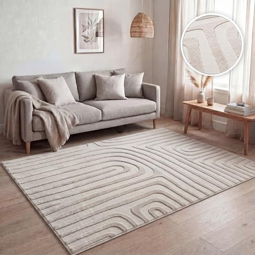Paco Home Kurzflor Teppich Wohnzimmer, Moderne geometrisch abstrakte Muster, 3D-Effekt, Klassisch Skandi Stil, Unicolor einfarbig Beige, Grösse:80x250 cm