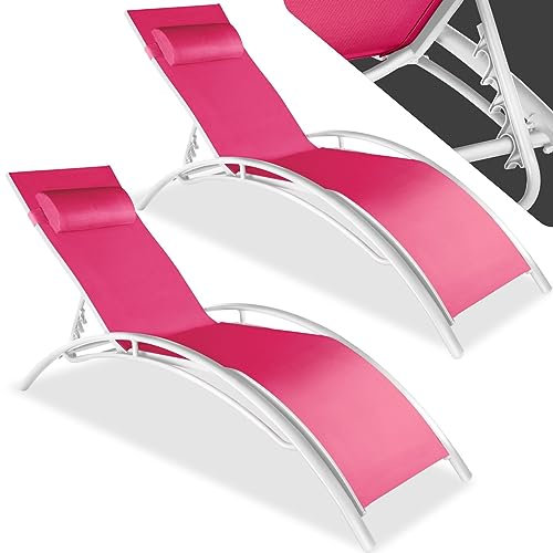 tectake® Set de 2 Chaise Longue Bain de Soleil Jardin Exterieur avec Appuie-tête Chaise Longue inclinable Sun Lounger Transat de Plage Relax Jardin Camping Salon de Jardin Exterieur - Rose