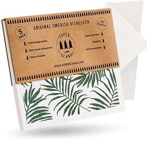 SUPERSCANDI 5 Piezas Paños de Cocina - 100% Biodegradables y Compostables | Trapos de Cocina Reutilizables, Aptos para Alimentos y Sin Plástico | Bayetas para Todas Las Superficies, Palmera