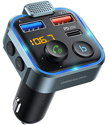 UNBREAKcable Bluetooth FM Transmitter for Car, Wireless Bluetooth 5.0 FM Radio Adapter with 2 USB Ports (QC3.0+Type-C PD 20W), Car Kit with Hands-free Calls, Bass Music Player Support USB Drive