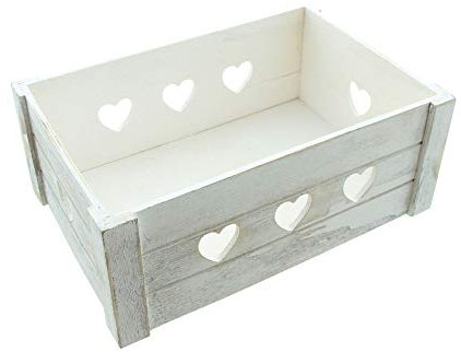 FRANK FLECHTWAREN Universalkiste Holz mit Herzmuster 30 x 20 x 12 cm Aufbewahrungsbox dekorative Holzkiste weiß gekalkt naturfarben stabil handgefertigt