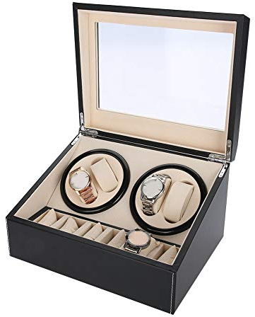 Ejoyous Automatische Uhrenbeweger Box, Uhrendreher Uhrenbox Uhrenbeweger für 4 Automatikuhren + 6 Gitter Uhrenaufbewahrungsgehäuse, Aufbewahrungsbox Automatikuhren Leise, EU-Stecker