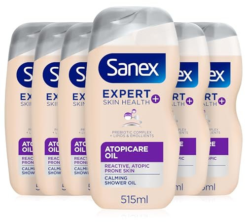 Sanex BiomeProtect Advanced Atopicare - Aceite de baño y ducha de 414 ml, paquete de 6, calma y combate la piel seca, 0% sulfatos, gel de baño nutritivo (6 x 414 ml)