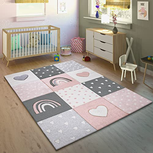 Paco Home Kinderteppich Kinderzimmer Teppich Kurzflor Junge Mädchen Regenbogen Herz Punkte Rosa Weiß Grau, Grösse:120 cm Rund