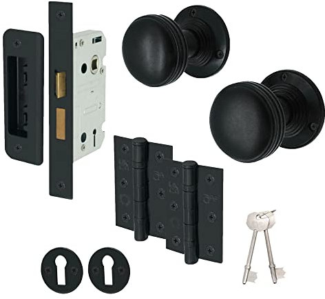EAI Lined Key Lock Door Knob Set Matt Black | 1 Pair of Mortice Knobs (55mm), Sash Lock (80mm) & Hinges (76mm) for Internal Doors